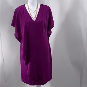 Lauren Ruffled-Overlay Short-Sleeve Crepe Shift Dr